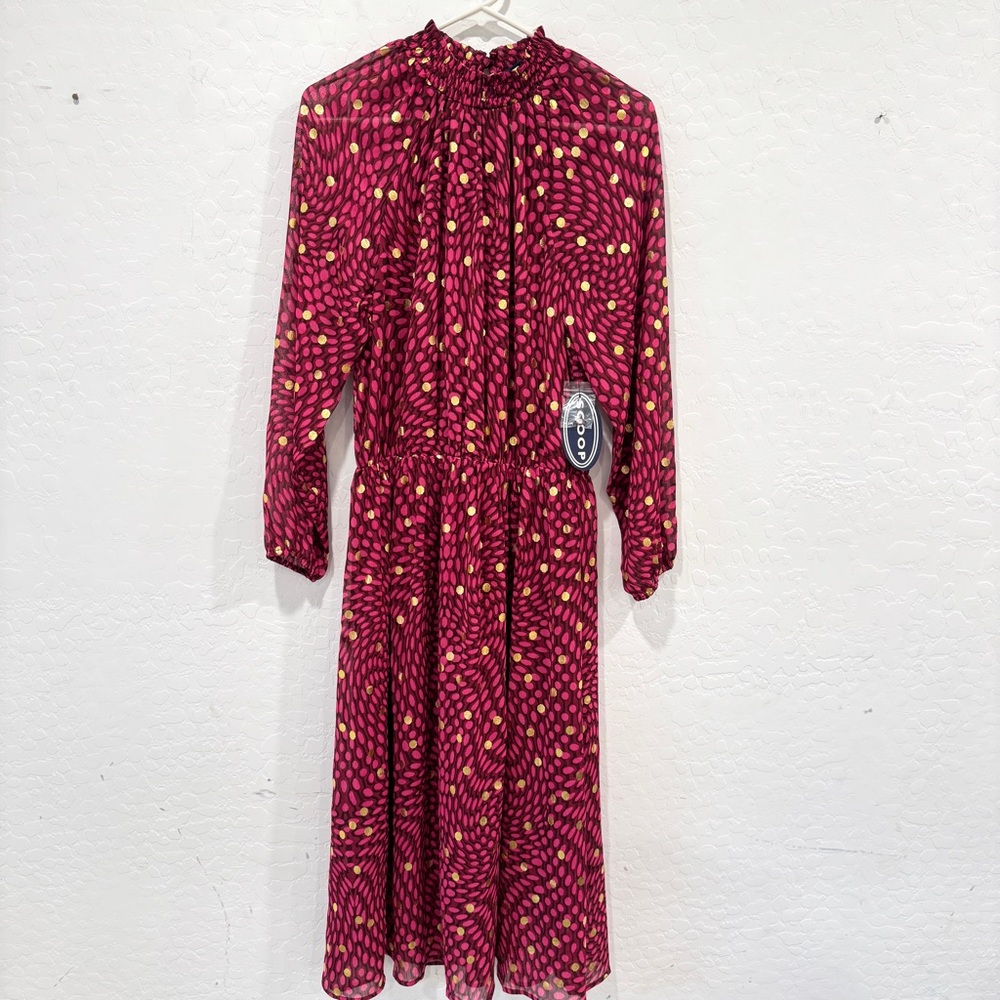 Scoop NYC Blouson Sleeve Smocked Neck Midi Dress Womens 12-14 Polka Dot Cocktail